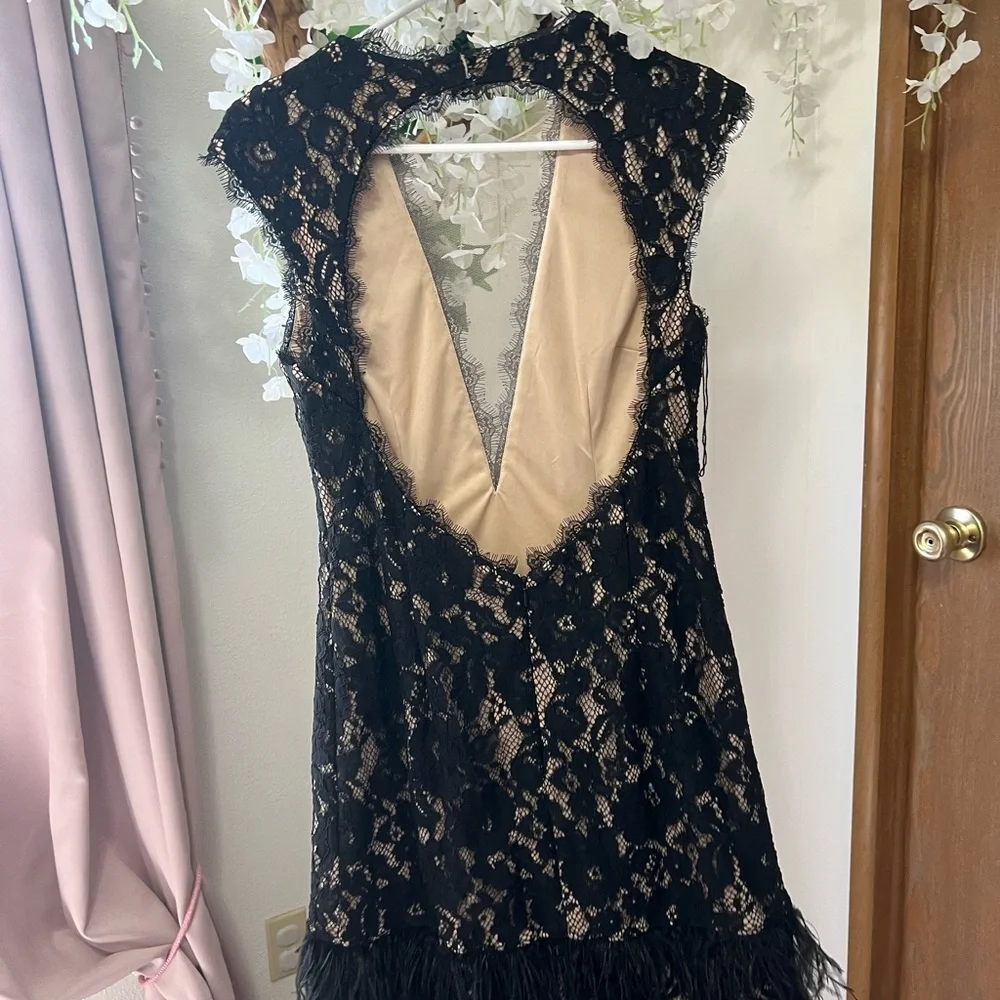 Aidan by Aidan Mattox Cap Sleeve Lace Cocktail Dress with Feather Trim in Black - Picture 13 of 15